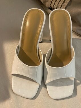 White Croc-Embossed Slide Mules for Women